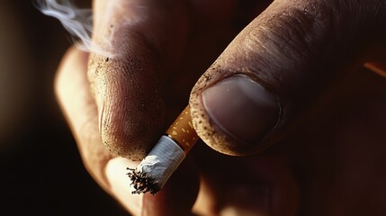 Worker holding a burning cigarette between dirty fingers