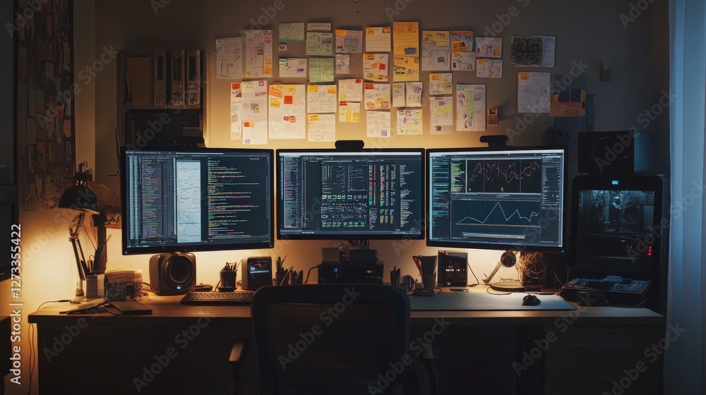 Poster a well-organized workspace featuring multiple monitors, a task lamp, and a row of sticky notes on th