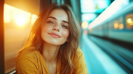 A cheerful woman smiles brightly while enjoying the sunset view through the train window, capturing a moment of joy and wanderlust amidst the vibrant colors of dusk.