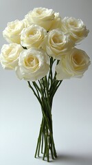 Obraz premium An ensemble of fragrant roses, pearl-toned lisianthus, and subtle filler stems adorns a bright white field, exuding a tranquil aura. Captured with no shadow interference, each blossom’s unique 
