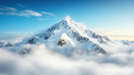 Stunning snow-capped mountain peaks rise dramatically into the bright blue sky, creating a breathtaking view that inspires awe and tranquility in nature lovers.