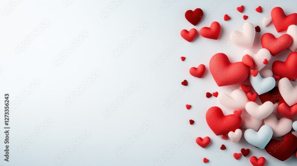 Poster an artistic arrangement of scattered hearts in various sizes and colors, demonstrating love and affe