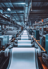Fototapeta premium Cutting-edge machinery producing rolls of white paper in a clean factory setting
