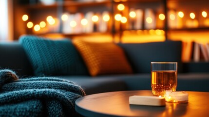 A glass of warm beverage sits on a table beside a soft blanket, with vibrant cushions visible, evoking a sense of comfort and tranquility in this intimate living space.