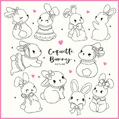 Coquette Bunny with Bow Whimsical Hand Drawn Doodle Outline Set