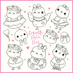 Coquette Easter baby Chicken with Bow and Egg, Whimsical Cartoon Hand Drawn Doodle Outline Set
