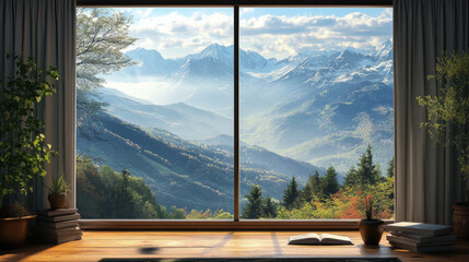 Fototapeta premium Mountain panorama window views scenery nature landscape scene scenery wallpaper backdrop