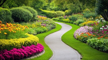 A winding garden path that cuts through a beautiful, serene garden filled with flowers and greenery.