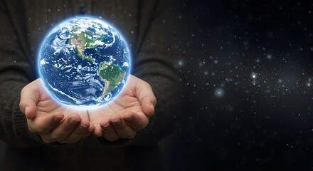 Gentle hands cradle the Earth, a luminous sphere of life, radiating cosmic beauty and infinite possibilities, symbolizing humanity’s delicate connection with the universe.

