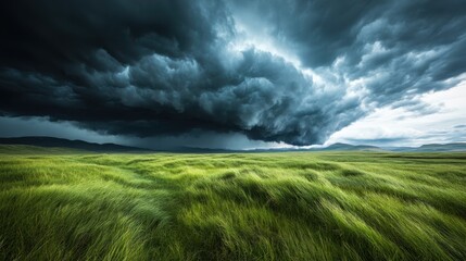 A dramatic and powerful landscape featuring dark storm clouds looming over lush green fields, creating a striking contrast between nature's beauty and impending weather.