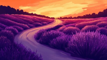 Fototapeta premium A winding road through a lavender field in full bloom, with the rich purple hues contrasting against a golden sunset.