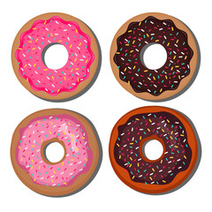Set of four donuts in strawberry and chocolate glaze withcolorful sprinkles vector illustration. handrawn donuts.