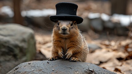 Groundhog wearing a hat on rock, forest behind it, for Groundhog Day event promo