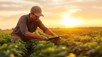 A diligent farmer crouched down, focused on a tablet during sunset, emphasizing the integration of technology in agriculture and the beauty of natural surroundings.