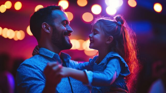 Father dancing with his daughter at a family event, cheerful and lively atmosphere, bright indoor lighting, joyful bond
