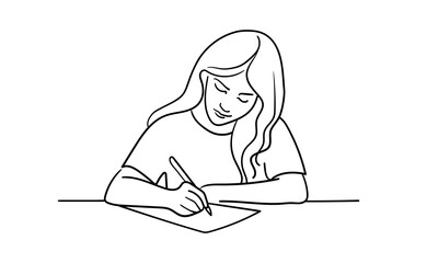Girl sits and writes with a pen, continuous line drawing. Education, hobby, library. Vector illustration isolated on white background