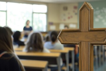 close-up of wooden cross in school classroom 