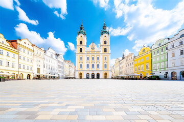 Naklejka premium A scenic view of a historical European city square with grand architecture, featuring a large open space, surrounded by buildings and blue sky.