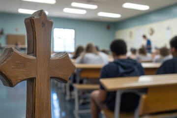 close-up photo of wooden cross in school classroom 