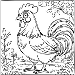 Majestic Rooster Line Art – Hand-Drawn Farm Animal Illustration