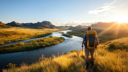 A backpacker stands before a picturesque valley, with a winding river and vibrant sunset lighting up the landscape, encapsulating the thrill of exploration and adventure.