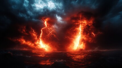 An intense scene of ships caught in a stormy ocean with skies glowing red and fierce lightning, epitomizing chaos and the extraordinary challenges of maritime life.