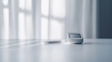 A glucose meter with a test strip showing a blood sugar reading. Featuring diabetes care and health monitoring