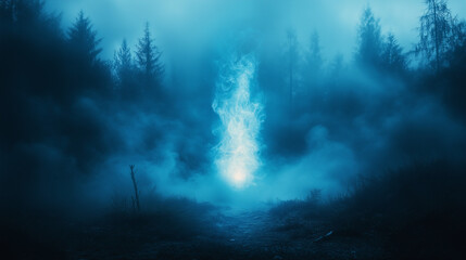 Fototapeta premium Mysterious blue mist swirling in enchanting forest, spiritual exploration