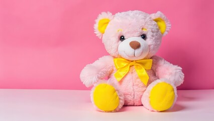 Pink Teddy Bear with Yellow Accents on White Surface