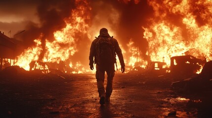 A solitary figure walks through a devastated landscape engulfed in flames, symbolizing destruction and resilience in a post-apocalyptic setting.