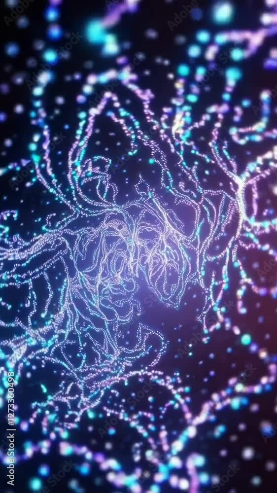 Poster dynamic neon light trails forming abstract patterns amidst digital space