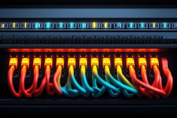 Network Switch with Color-Coded Ethernet Cables and Status Indicator Lights