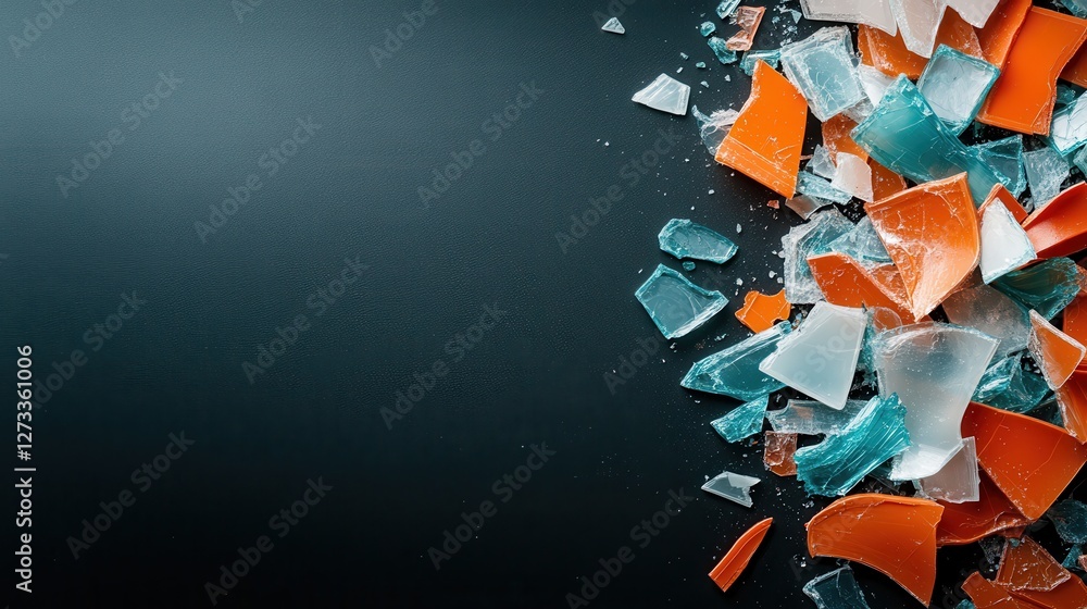 Poster the image features a stunning array of shattered glass pieces in various colors, creating a visually