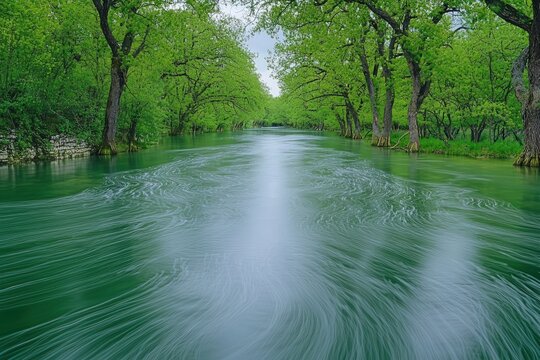 Flowing river with trees on both sides and soft ripples on the surface
