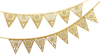 two gold bunting banners isolated on transparent background