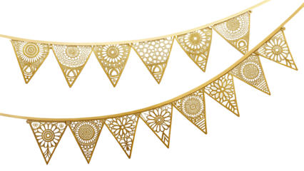 two gold bunting banners isolated on transparent background