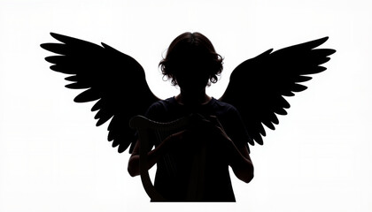 Angel silhouette playing harp with wings, divine harmony