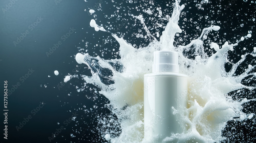 Poster set against a soothing dark tone, this image features a soap bottle surrounded by foam and splashes 