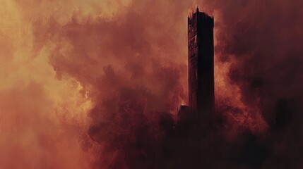 Dark imposing tower shrouded by fiery orange and red clouds