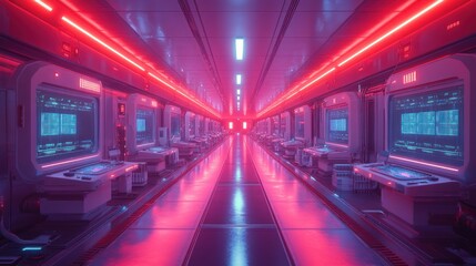 Fototapeta premium Futuristic spaceship corridor, red neon, control panels, data screens, sci-fi background