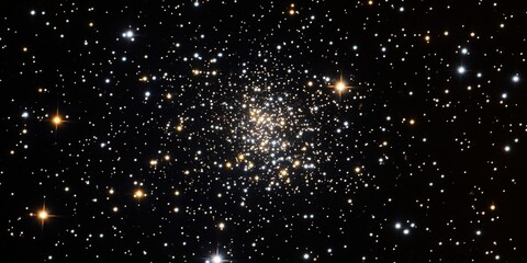 A mesmerizing star cluster sparkles against a deep black canvas, with tiny white and yellow stars intricately scattered in harmony, creating a celestial tapestry of light and mystery