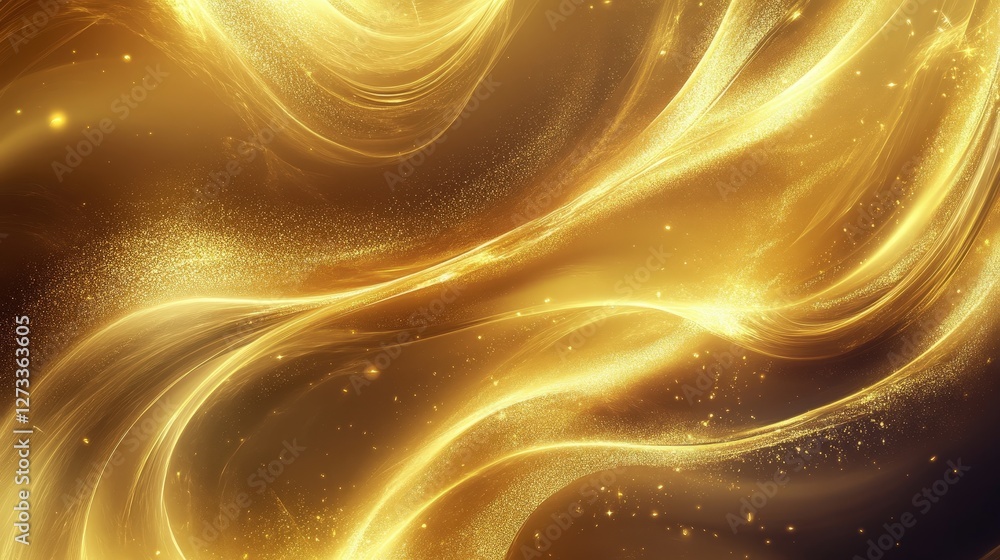 Poster an abstract golden swirl design with delicate sparkles and gradients, creating a luxurious and elega