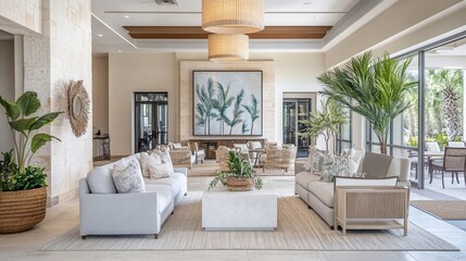 Naklejka premium Luxurious lobby with sofas, plants, and artwork.
