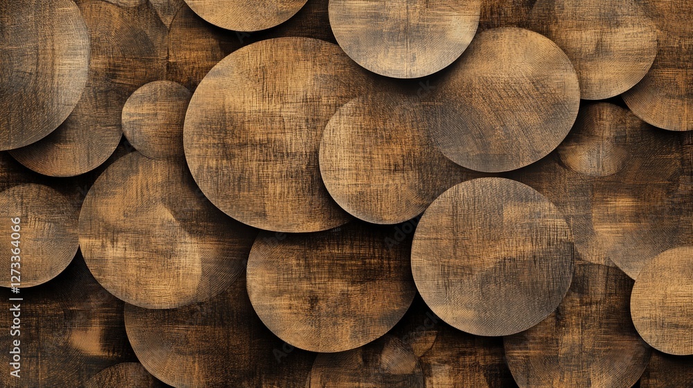 Poster an abstract wood texture featuring overlapping circular grain patterns in soft brown tones.