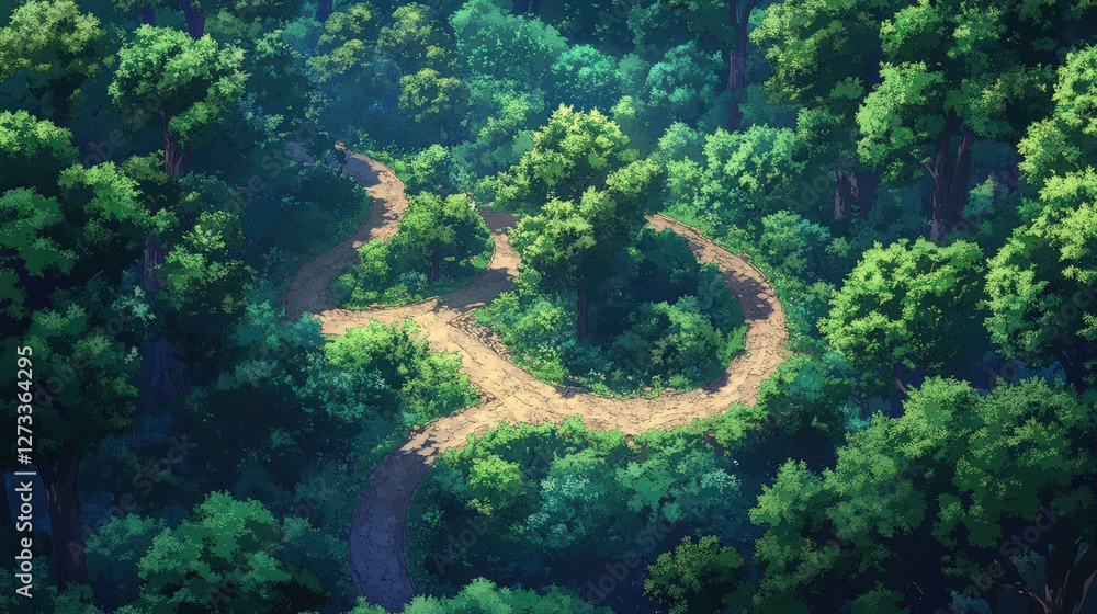 Poster forest with winding paths and roads cutting through it, leading through clusters of tall trees and l