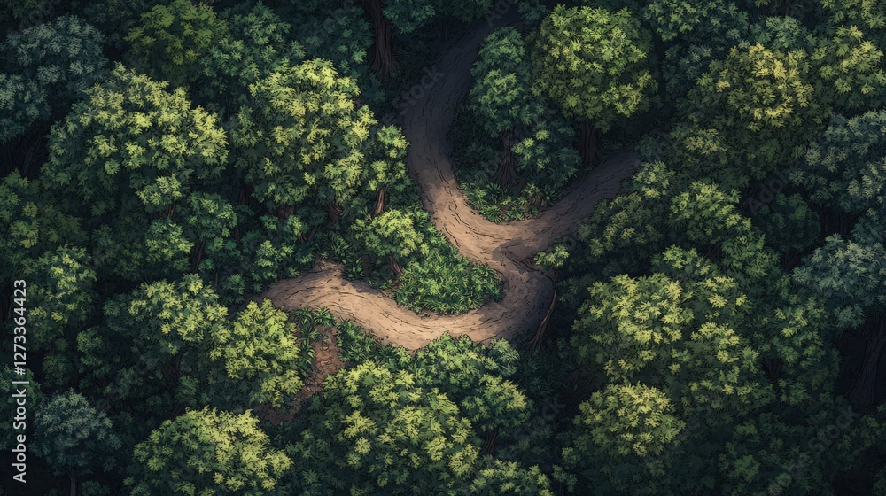 Poster forest with winding paths and roads cutting through it, leading through clusters of tall trees and l
