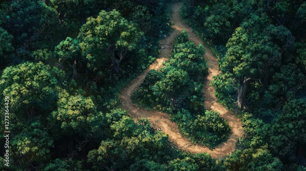 Poster forest with winding paths and roads cutting through it, leading through clusters of tall trees and l