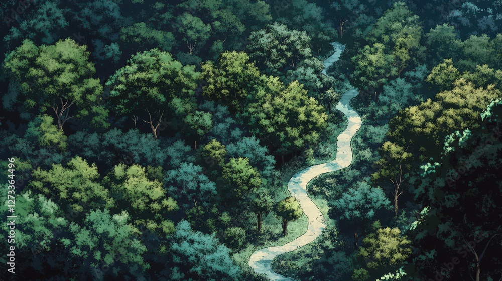 Poster forest with winding paths and roads cutting through it, leading through clusters of tall trees and l