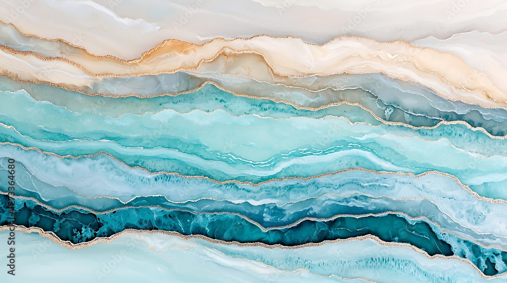 Poster a serene abstract design featuring flowing waves of turquoise, aqua, and beige, blending harmoniousl