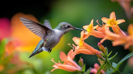 Fototapeta premium Hummingbird feeding on orange flowers in a garden, blurred background, wildlife nature photography